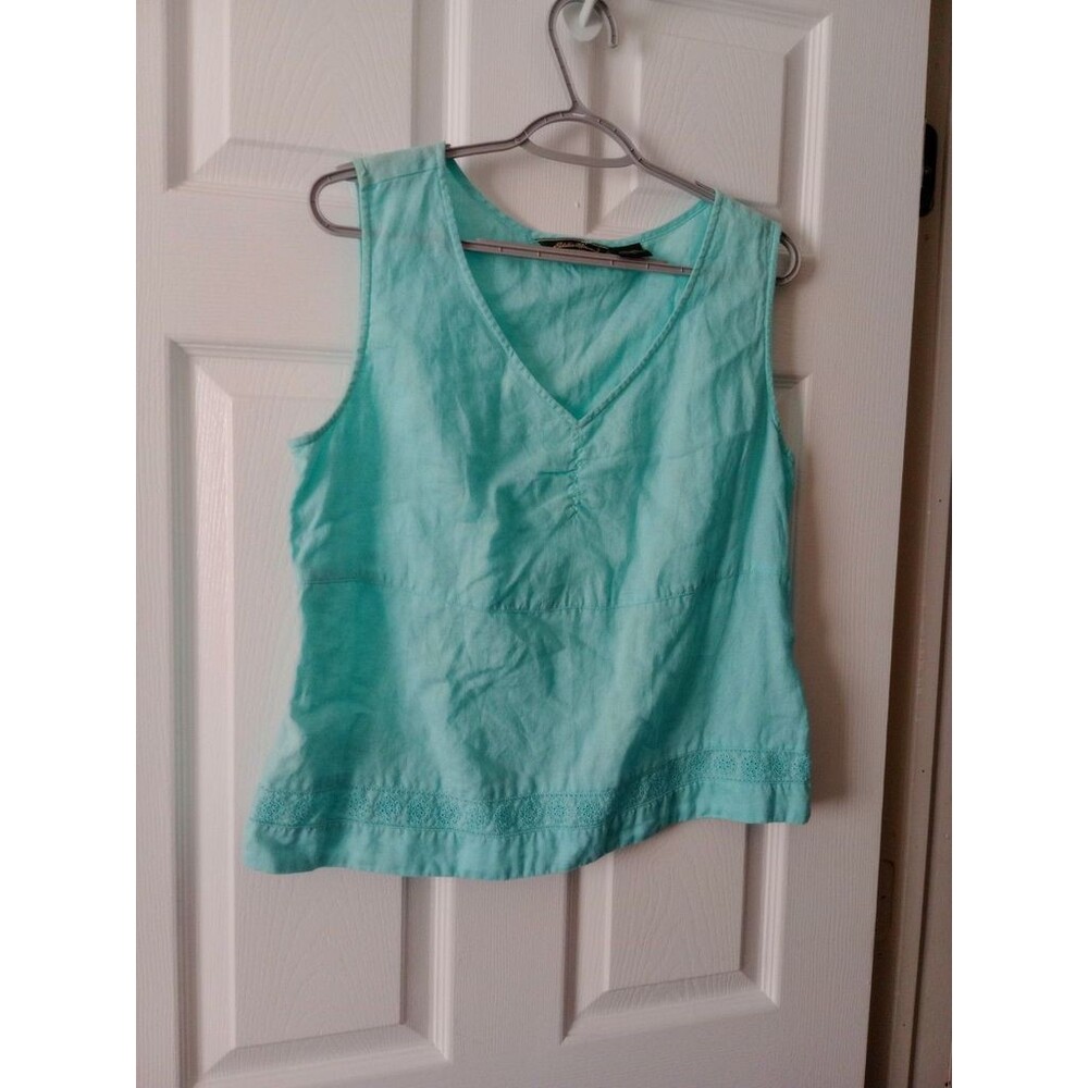 Eddie Bauer Womens Linen Lace Light Blue Tank Top Size Large Eyelet Detail